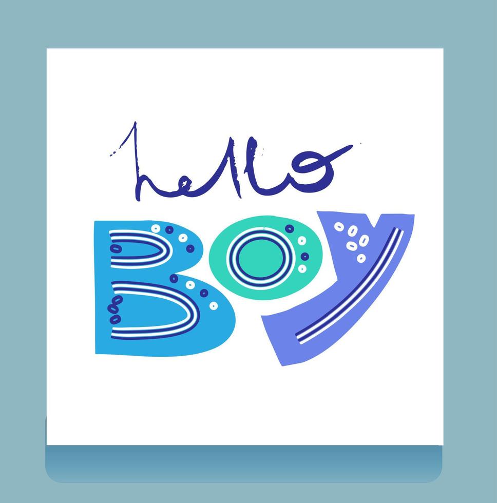 Hej pojke. söt hand dragen vektor bebis dusch illustration idealisk för kort, vägg konst, affisch, bebis pojkar.vit krita teckning stil stjärnor och handskriven ord pojke på en ljus dammig blå bakgrund.