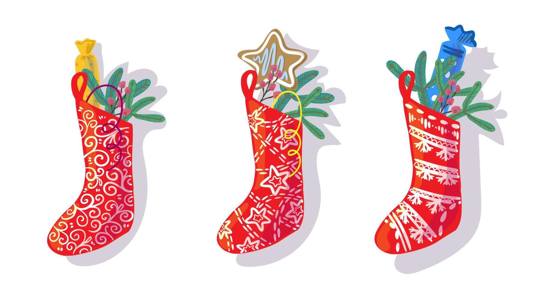 jul strumpa med godis, gåvor och presenterar ikon med skugga. vektor illustration platt design