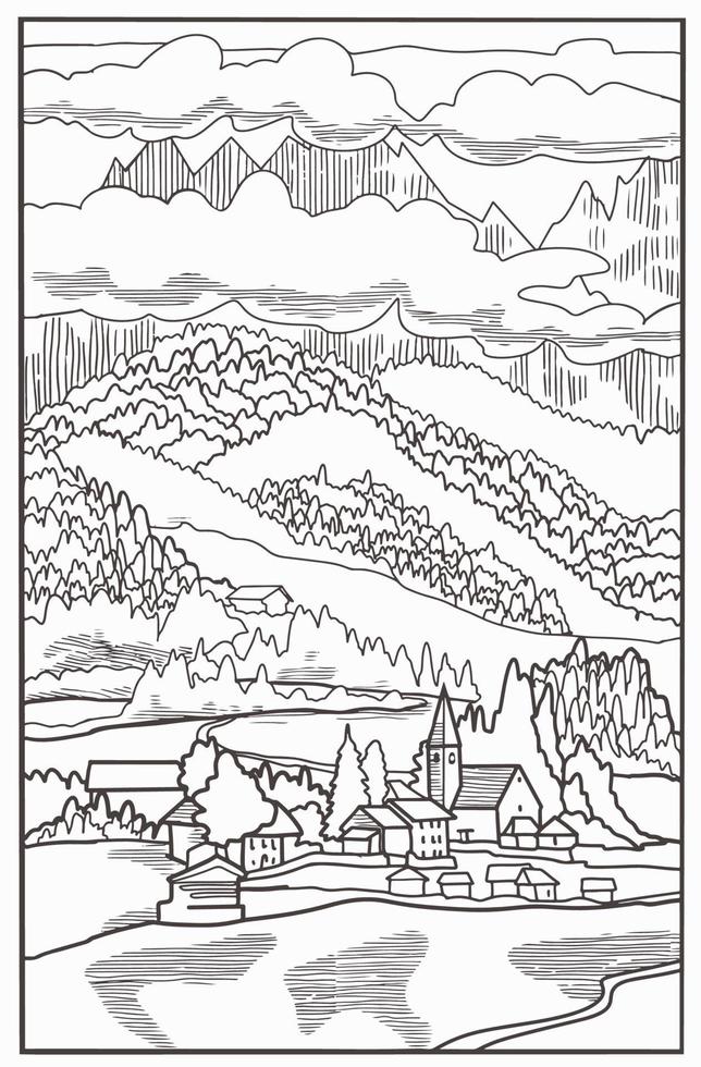 Malbuch . schöne Landschaft, Berge und Dorf im Tal. Vektor Kunst Linie Hintergrund.