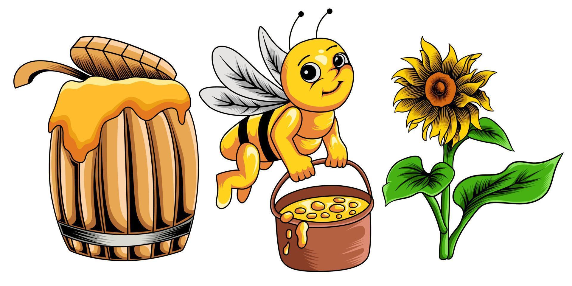 samling av bi, honung tunna, och Sol blomma illustration vektor