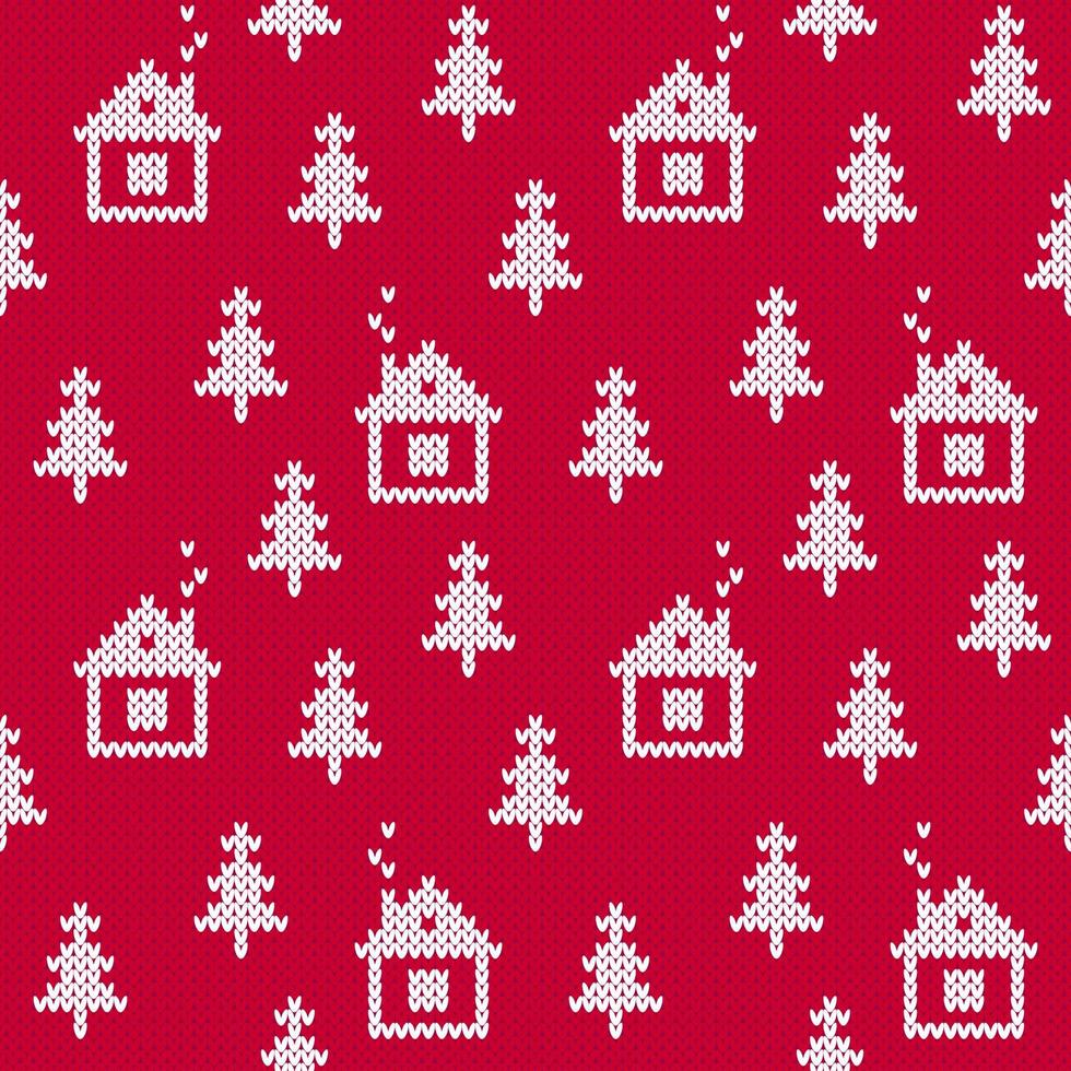 weihnachtspullover winterhütten und weihnachtsbäume weißes und rotes nahtloses muster. vektor