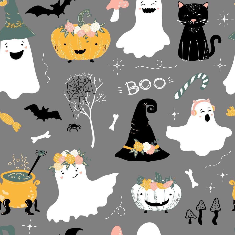 Halloween-Muster. süße Geister, Fledermäuse und Hexenhut, Spinnennetz, Süßigkeiten, schwarze Katze, Kürbisse, Knochen und Pilze. Baby-Druck vektor