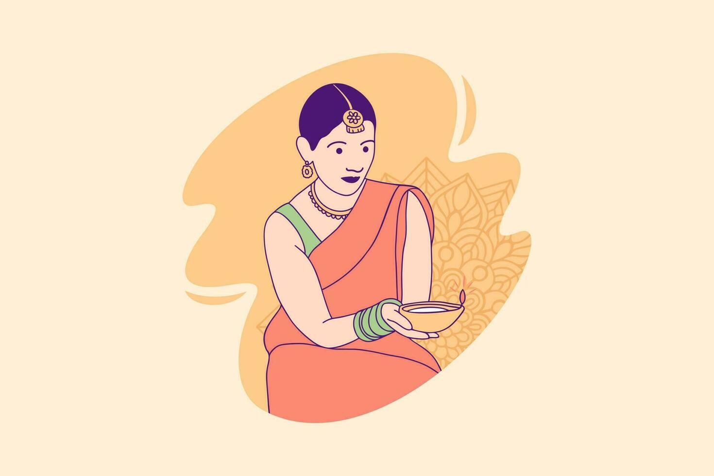 Illustrationen Schöne indische Frau mit Diya-Lampe zur Feier des Diwali-Tag-Designkonzepts vektor