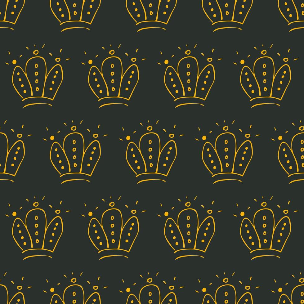 handgezeichnete Kronen. nahtloses muster einfacher graffiti-skizzenkönigin oder königskronen. Königliche Kaiserkrönung und Monarchsymbole. gelbes Bürstengekritzel lokalisiert auf dunklem Hintergrund vektor