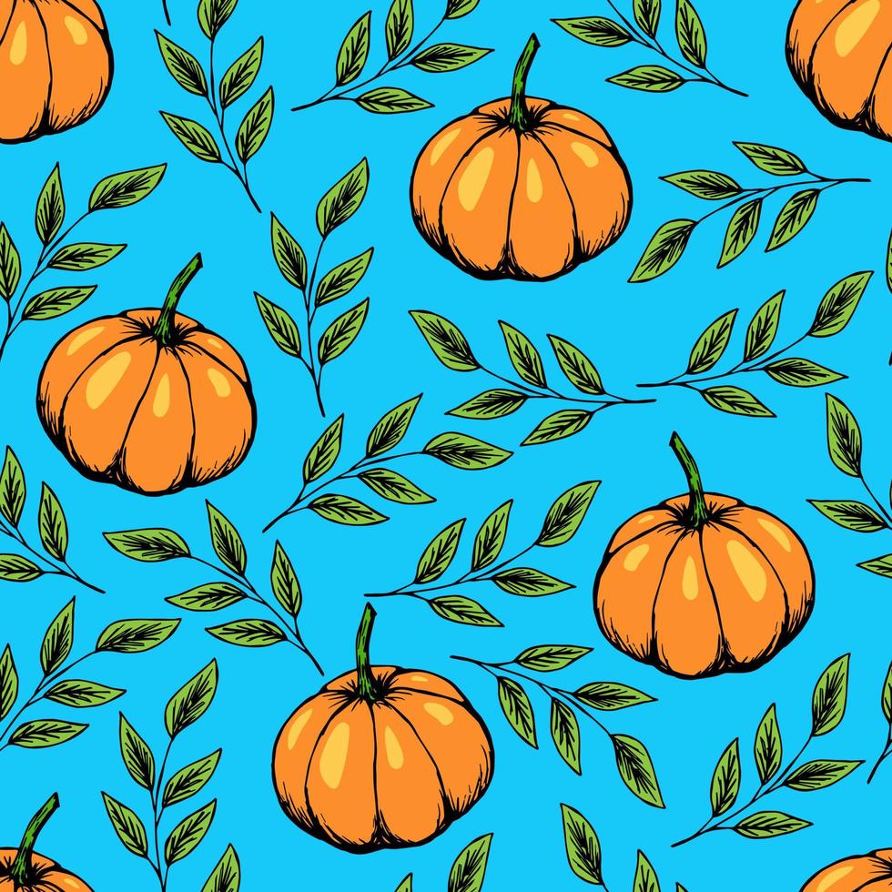 ritad för hand ljus vektor sömlös mönster. orange pumpa, grön lövverk på en turkos blå bakgrund. för tyg grafik, textil- Produkter, kök design, höst säsong.