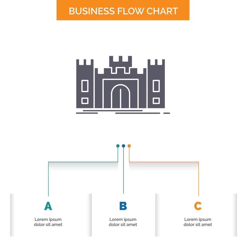 Schloss. Verteidigung. Fort. Festung. Wegweisendes Business-Flow-Chart-Design mit 3 Schritten. Glyphensymbol für Präsentationshintergrundvorlage Platz für Text. vektor