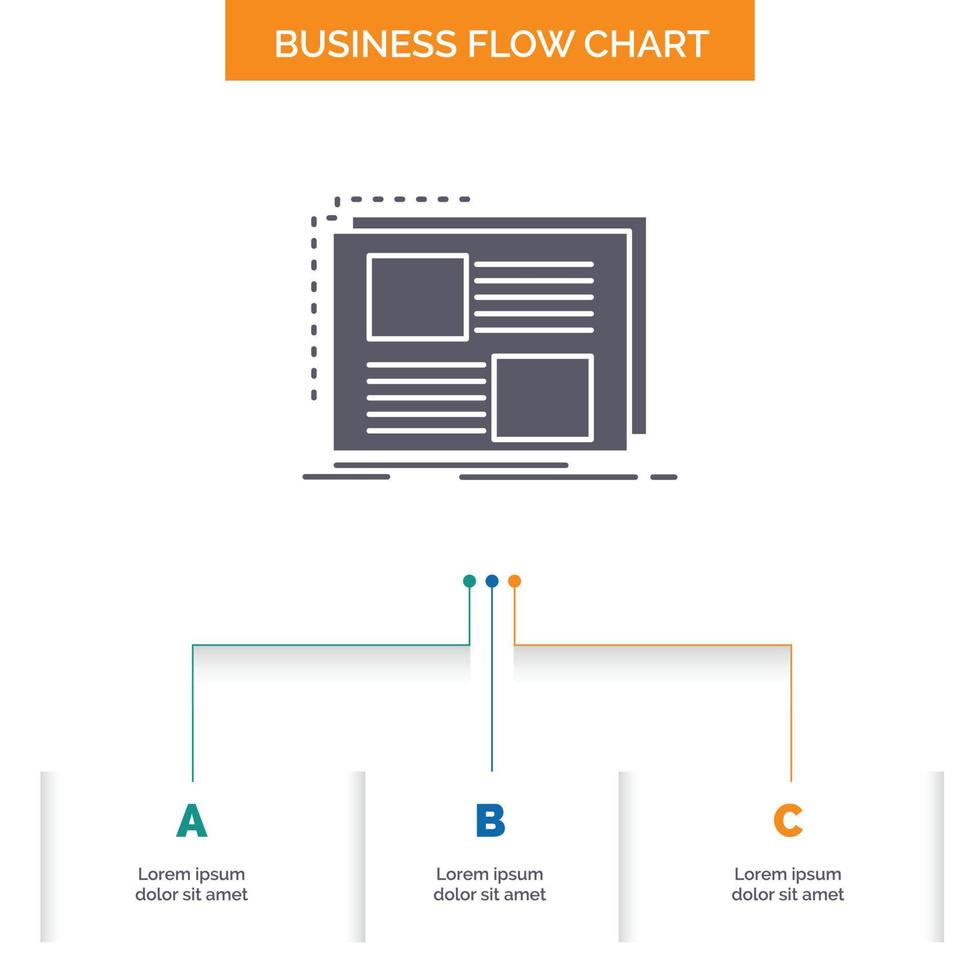 Inhalt. Entwurf. rahmen. Seite. Text-Business-Flow-Chart-Design mit 3 Schritten. Glyphensymbol für Präsentationshintergrundvorlage Platz für Text. vektor