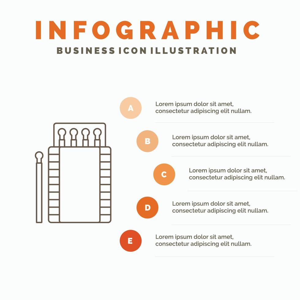 Streichhölzer. Camping. Feuer. Lagerfeuer. Box-Infografik-Vorlage für Website und Präsentation. Linie graues Symbol mit orangefarbener Infografik-Stil-Vektorillustration vektor