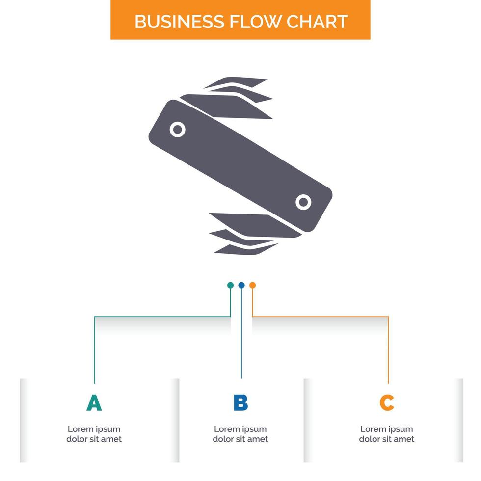 kniv. armén. camping. schweiziska. ficka företag strömma Diagram design med 3 steg. glyf ikon för presentation bakgrund mall plats för text. vektor