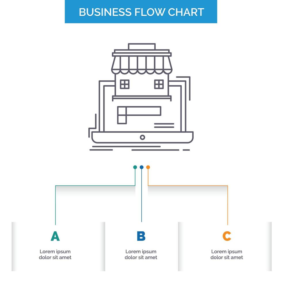 Geschäft. Marktplatz. Organisation. Daten. Online-Markt-Business-Flow-Chart-Design mit 3 Schritten. Liniensymbol für Präsentation Hintergrundvorlage Platz für Text vektor