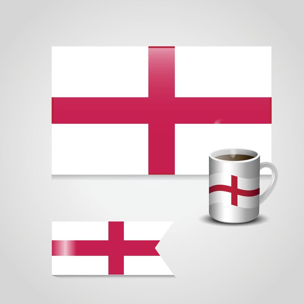 england-flagge des vereinigten königreichs gedruckt auf kaffeetasse und kleiner flagge vektor