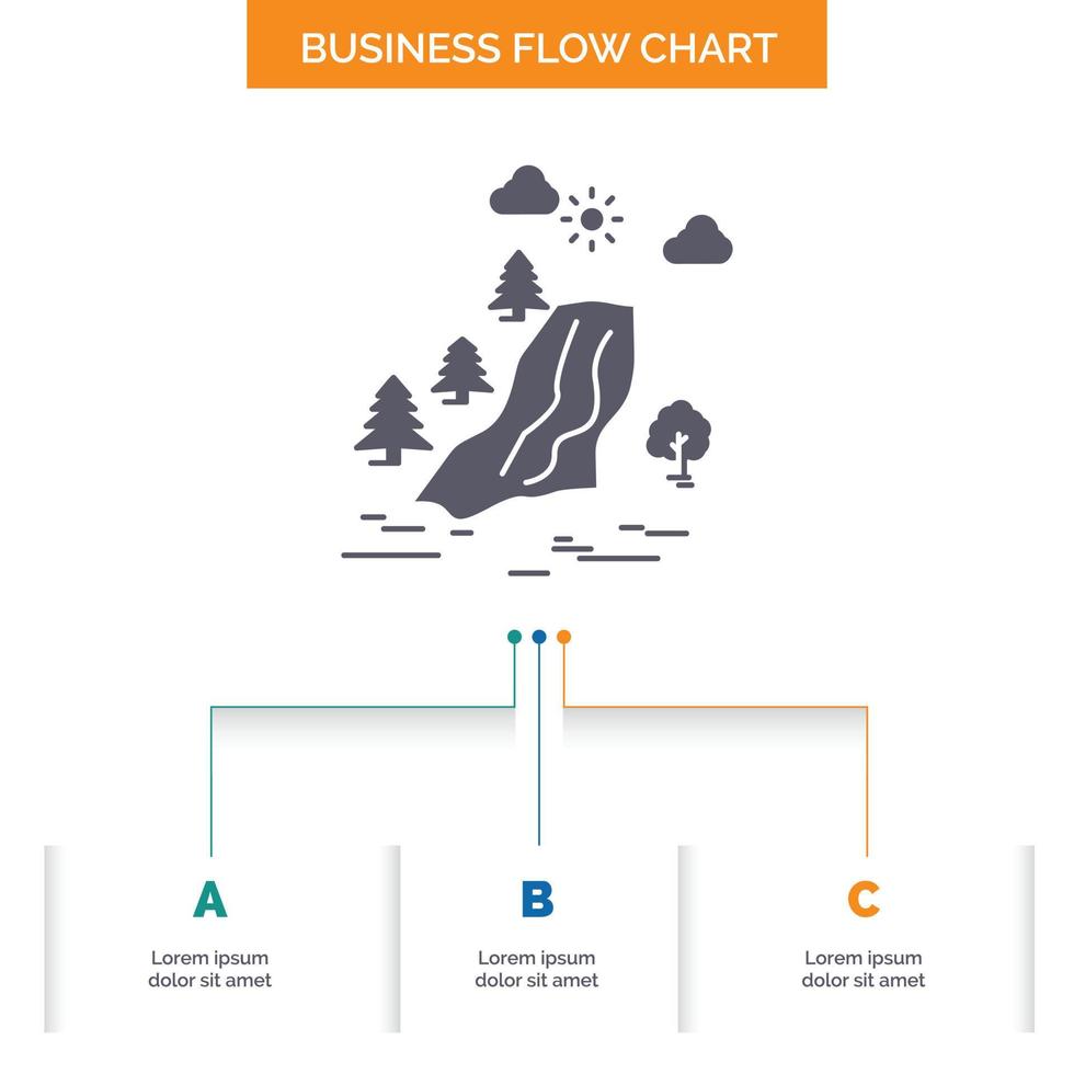 Wasserfall. Baum. Schmerzen. Wolken. Natur-Business-Flow-Chart-Design mit 3 Schritten. Glyphensymbol für Präsentationshintergrundvorlage Platz für Text. vektor
