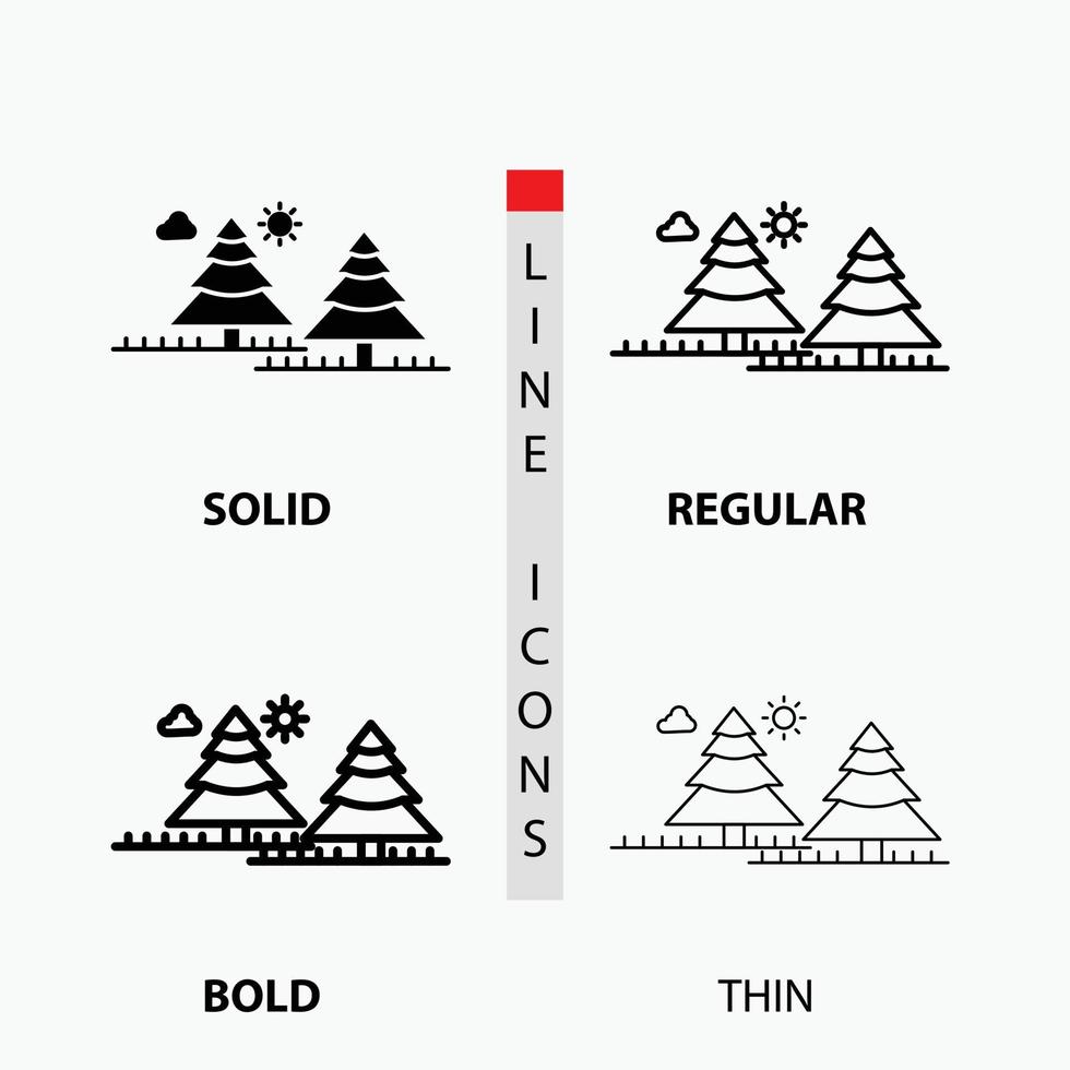 Wald. Camping. Urwald. Baum. Pinien-Symbol in dünn. regulär. fette Linie und Glyphenstil. Vektor-Illustration vektor