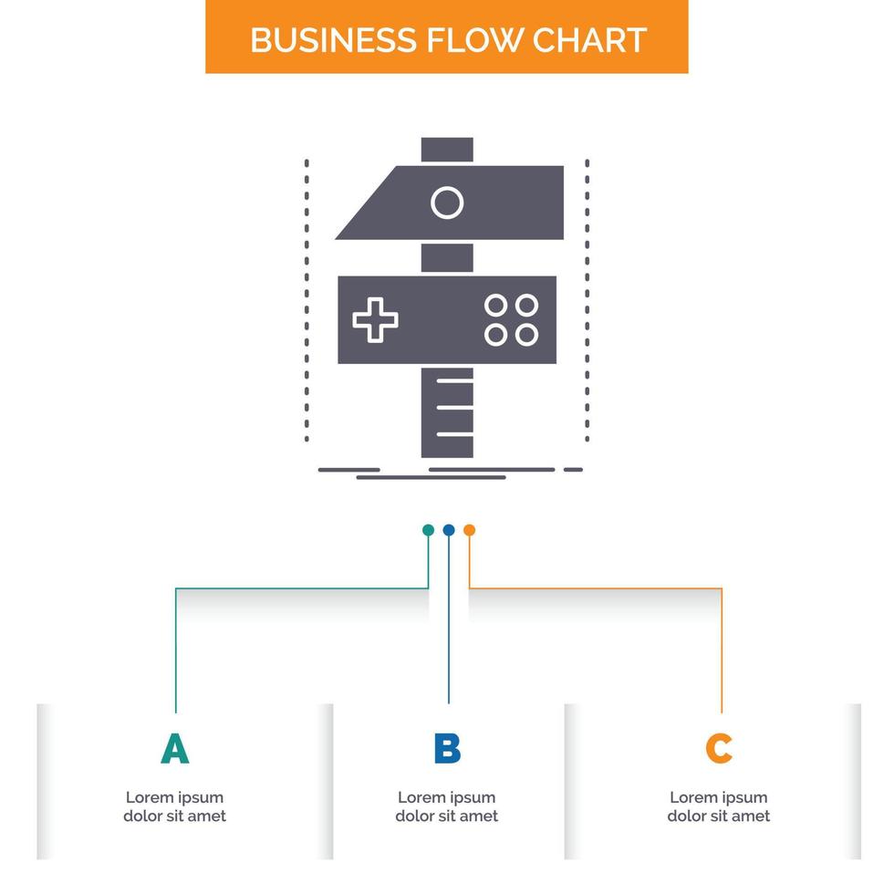 bauen. Boot. sich entwickeln. Entwickler. Spiel Business Flow Chart-Design mit 3 Schritten. Glyphensymbol für Präsentationshintergrundvorlage Platz für Text. vektor