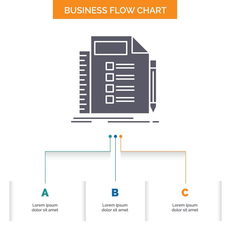 Geschäft. aufführen. planen. Planung. Aufgaben-Business-Flow-Chart-Design mit 3 Schritten. Glyphensymbol für Präsentationshintergrundvorlage Platz für Text. vektor