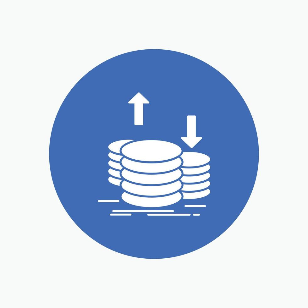 mynt. finansiera. huvudstad. guld. inkomst vit glyf ikon i cirkel. vektor knapp illustration