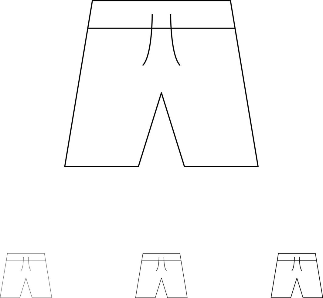 strand Kläder kort shorts djärv och tunn svart linje ikon uppsättning vektor