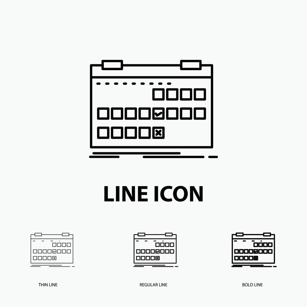 kalender. datum. händelse. släpp. schema ikon i tunn. regelbunden och djärv linje stil. vektor illustration