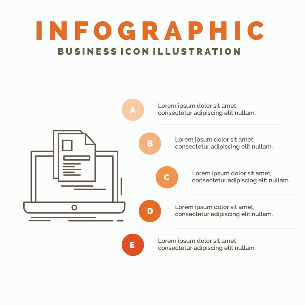 Konto. Laptop. Bericht. drucken. Lebenslauf-Infografik-Vorlage für Website und Präsentation. Linie graues Symbol mit orangefarbener Infografik-Stil-Vektorillustration vektor