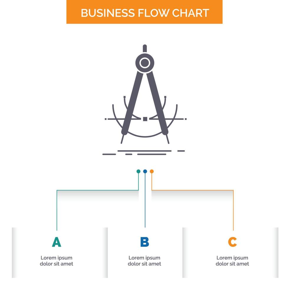 Präzision. genau. Geometrie. Kompass. Messung Business Flow Chart-Design mit 3 Schritten. Glyphensymbol für Präsentationshintergrundvorlage Platz für Text. vektor