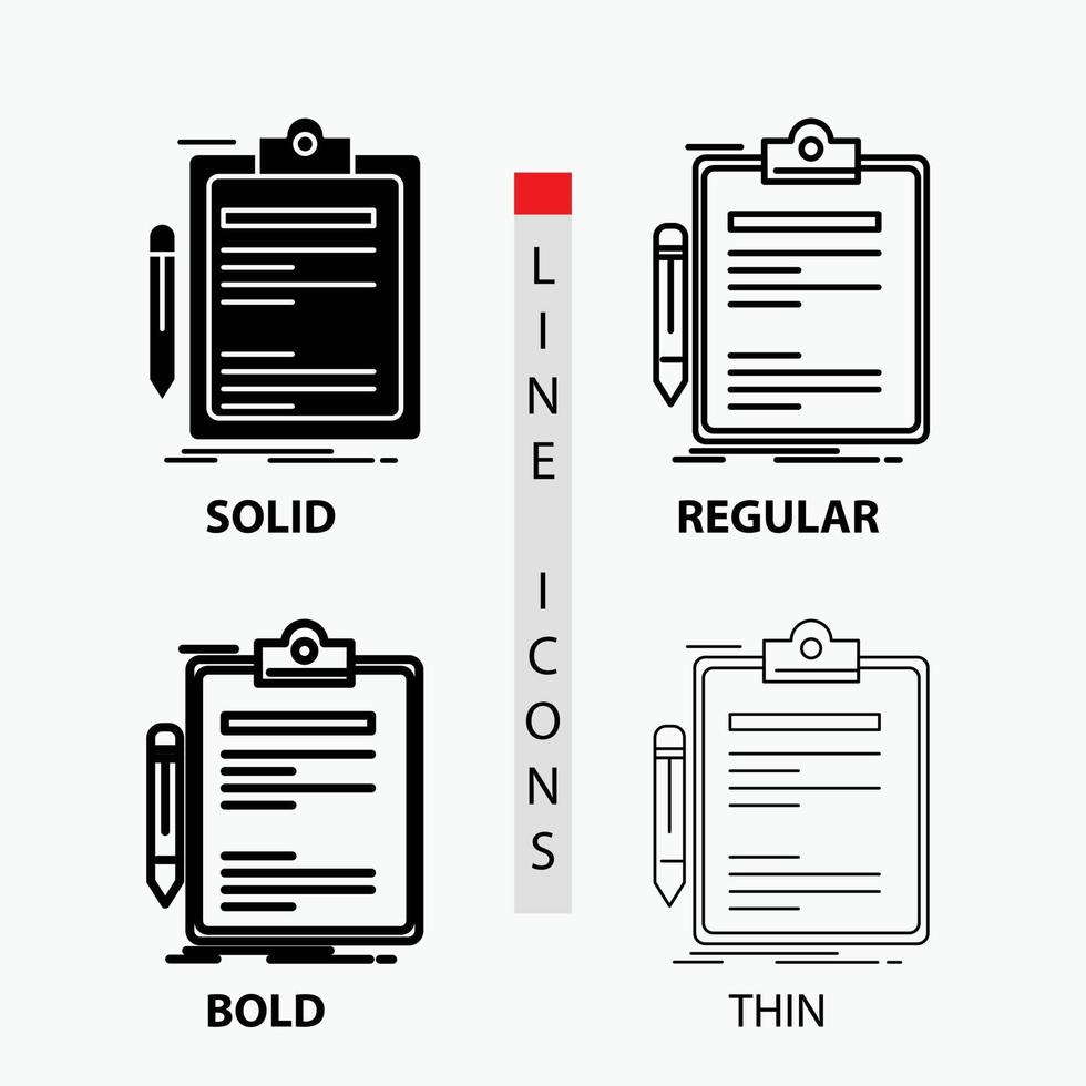 Vertrag. überprüfen. Geschäft. erledigt. Clipboard-Symbol in dünn. regulär. fette Linie und Glyphenstil. Vektor-Illustration vektor