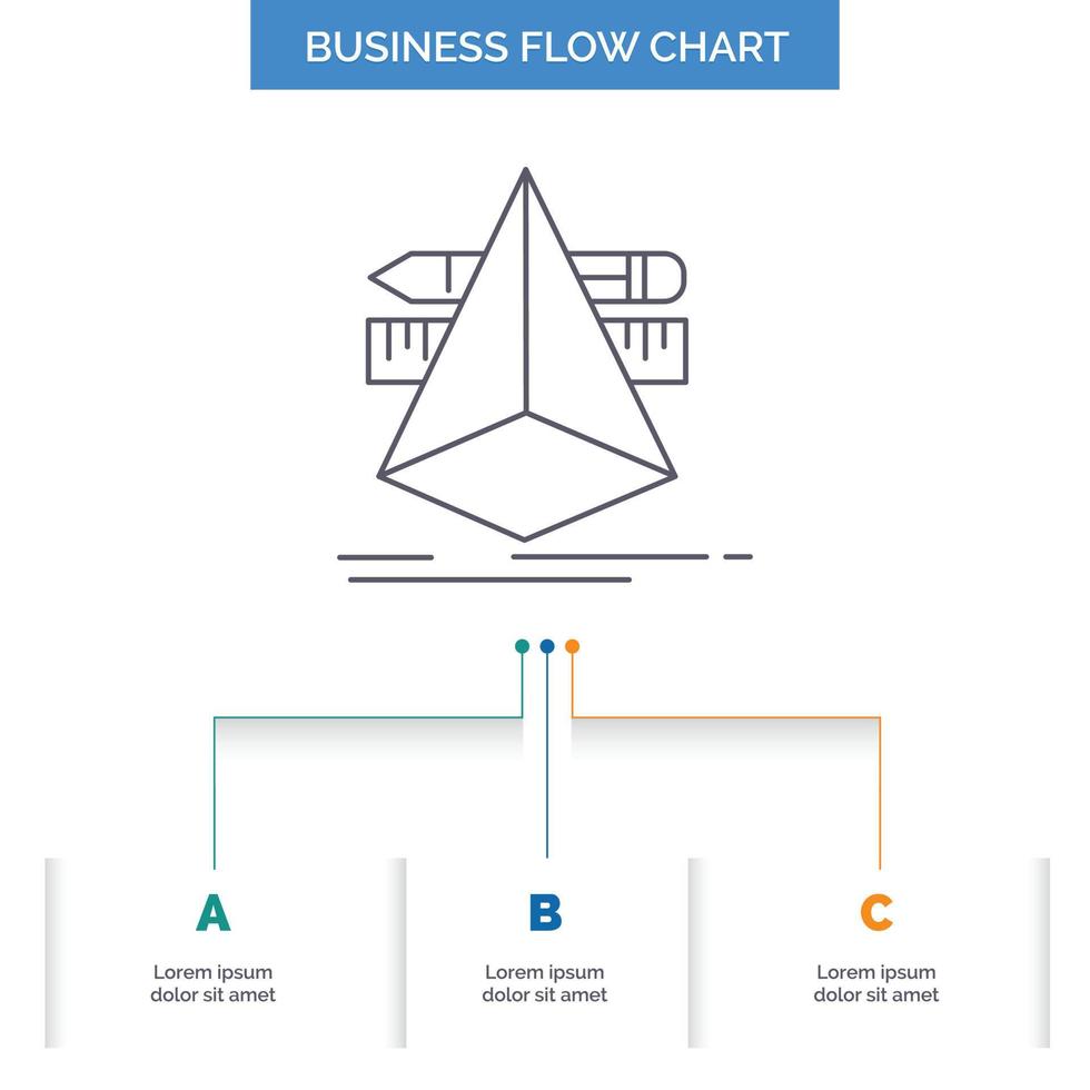 3d. Entwurf. Designer. skizzieren. Tools Business-Flussdiagramm-Design mit 3 Schritten. Liniensymbol für Präsentation Hintergrundvorlage Platz für Text vektor