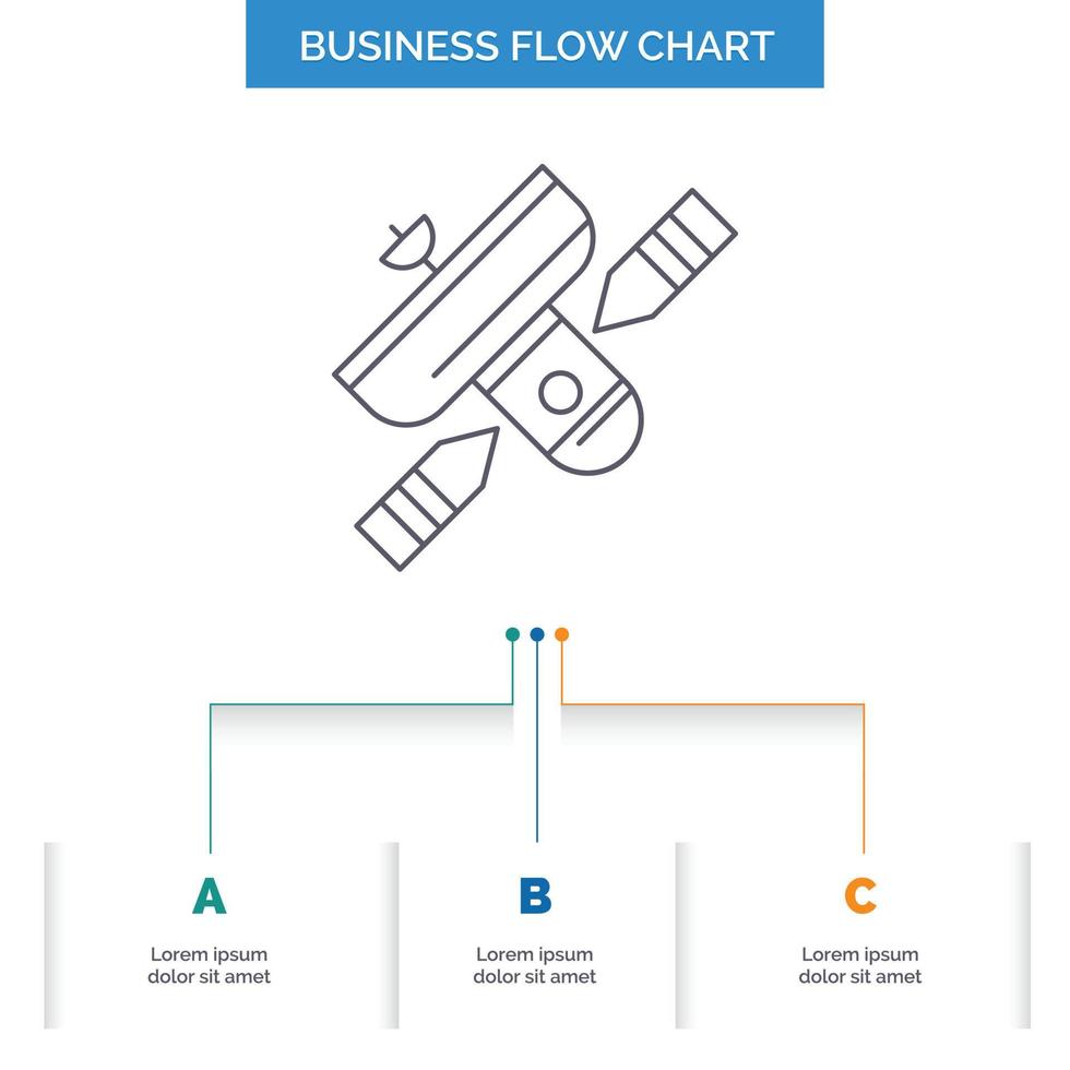 Übertragung. Rundfunk. Radio. Satellit. Sender-Business-Flow-Chart-Design mit 3 Schritten. Liniensymbol für Präsentation Hintergrundvorlage Platz für Text vektor