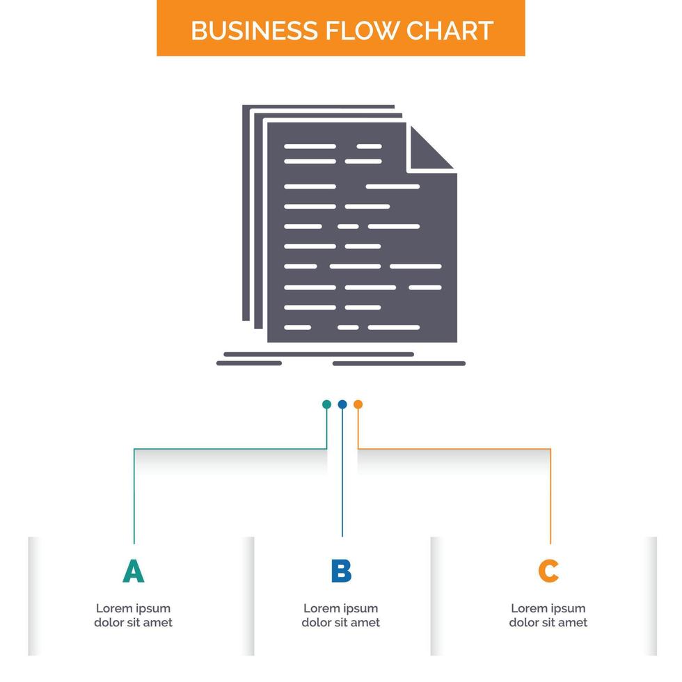 Code. Kodierung. Dok. Programmierung. Skript-Business-Flussdiagramm-Design mit 3 Schritten. Glyphensymbol für Präsentationshintergrundvorlage Platz für Text. vektor