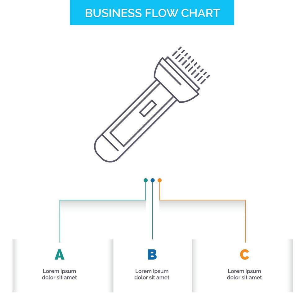 Fackel. hell. Blitz. Camping. Wandern Business Flow Chart-Design mit 3 Schritten. Liniensymbol für Präsentation Hintergrundvorlage Platz für Text vektor