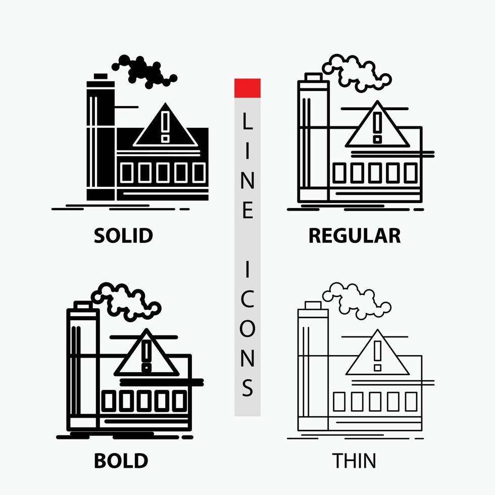 Umweltverschmutzung. Fabrik. Luft. Alarm. Branchenikone in dünn. regulär. fette Linie und Glyphenstil. Vektor-Illustration vektor