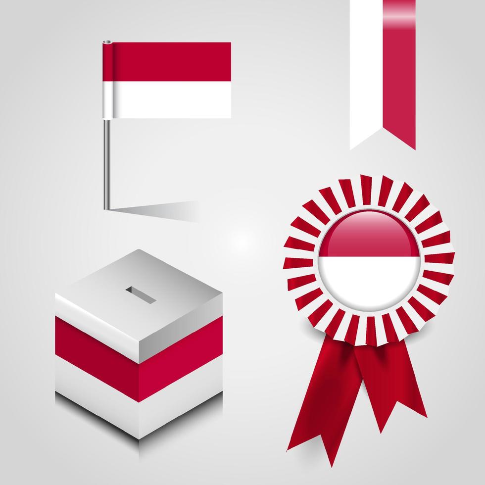 indonesien Land flagga plats på rösta låda. band bricka baner och Karta stift vektor