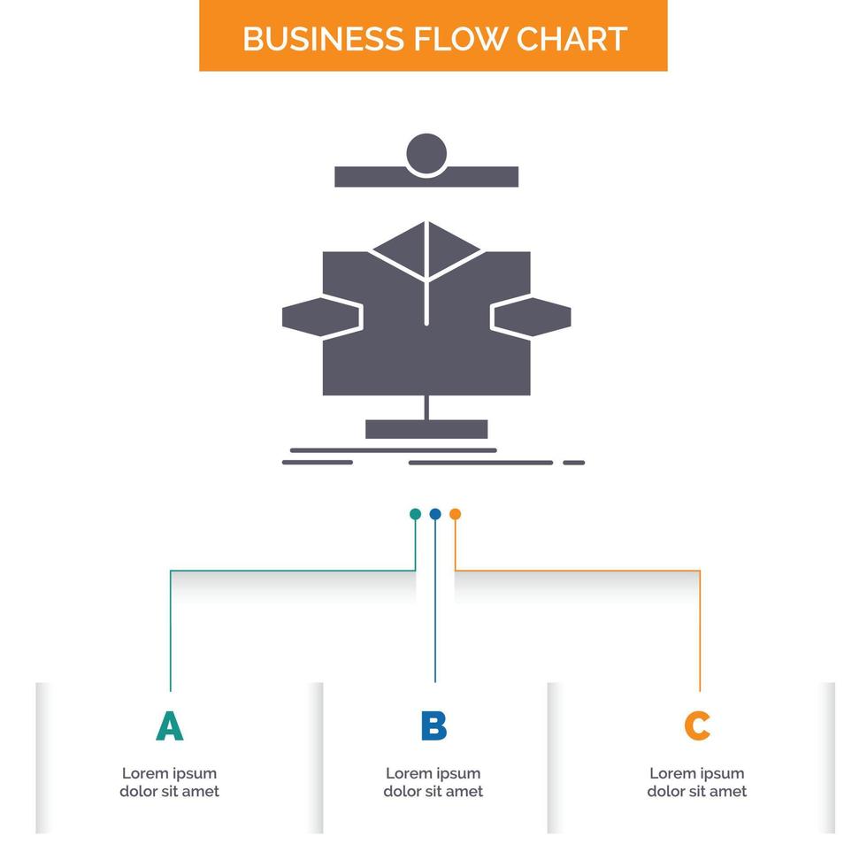 Algorithmus. Diagramm. Daten. Diagramm. Flow-Business-Flow-Chart-Design mit 3 Schritten. Glyphensymbol für Präsentationshintergrundvorlage Platz für Text. vektor