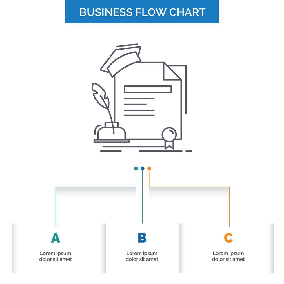 Zertifikat. Grad. Ausbildung. vergeben. Entwurf eines Geschäftsflussdiagramms mit 3 Schritten. Liniensymbol für Präsentation Hintergrundvorlage Platz für Text vektor