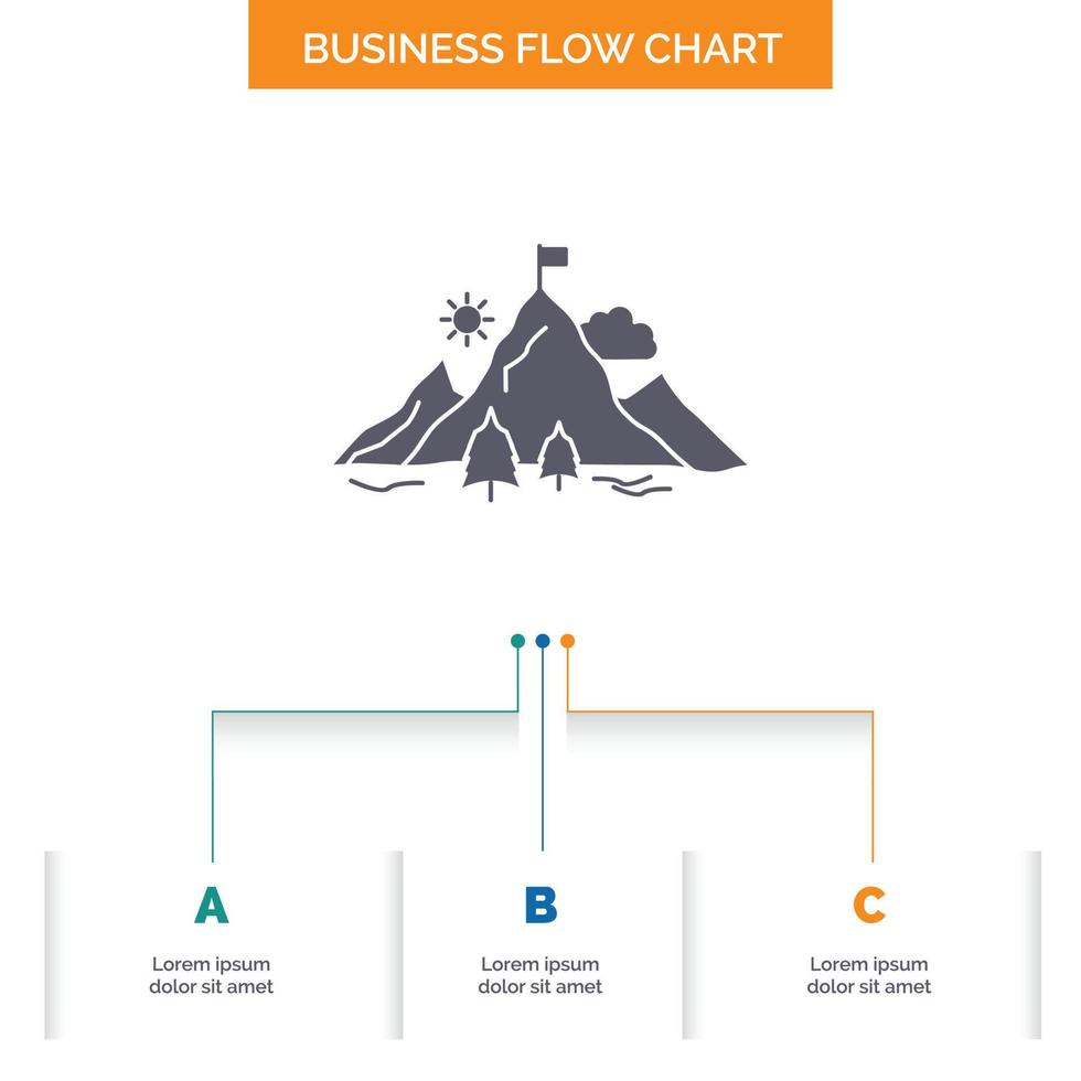 Leistung. Flagge. Mission. Berg. Erfolg Business Flow Chart-Design mit 3 Schritten. Glyphensymbol für Präsentationshintergrundvorlage Platz für Text. vektor