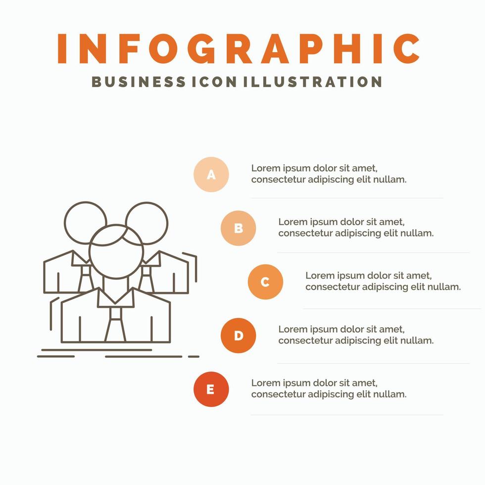 team. lagarbete. företag. möte. grupp infographics mall för hemsida och presentation. linje grå ikon med orange infographic stil vektor illustration
