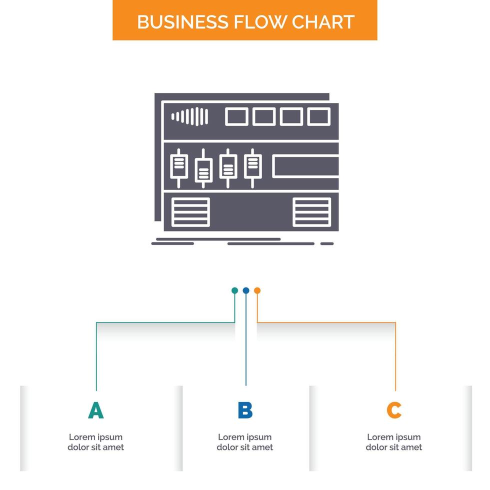 Audio. meistern. Modul. Gestellmontage. solides Business-Flow-Chart-Design mit 3 Schritten. Glyphensymbol für Präsentationshintergrundvorlage Platz für Text. vektor