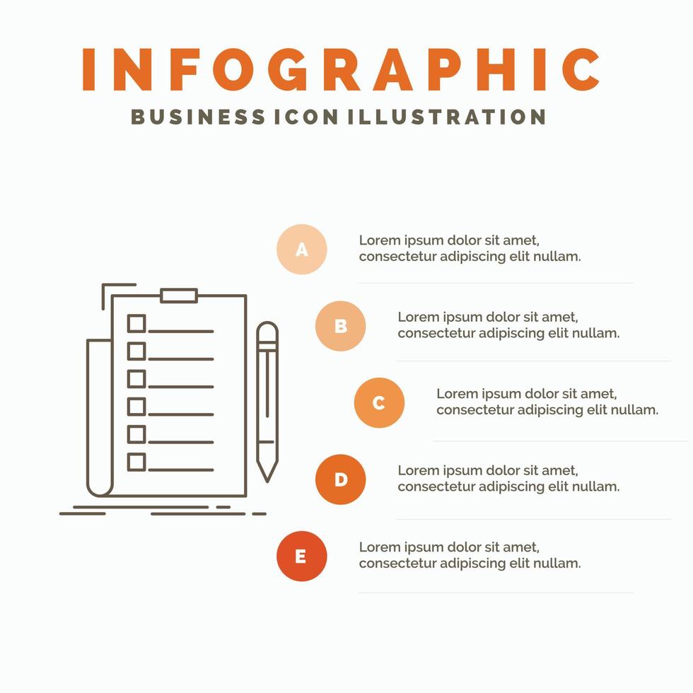 Sachverstand. Checkliste. überprüfen. aufführen. Dokument-Infografik-Vorlage für Website und Präsentation. Linie graues Symbol mit orangefarbener Infografik-Stil-Vektorillustration vektor