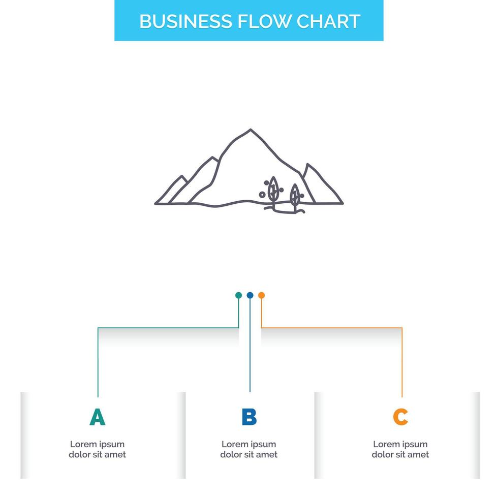berg. landskap. kulle. natur. träd företag strömma Diagram design med 3 steg. linje ikon för presentation bakgrund mall plats för text vektor
