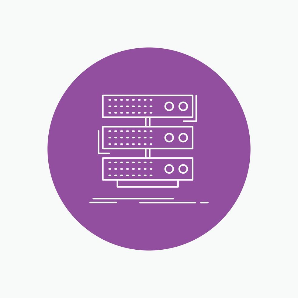 Server. Lagerung. Gestell. Datenbank. Daten weiße Liniensymbol im Kreishintergrund. Vektor-Symbol-Illustration vektor