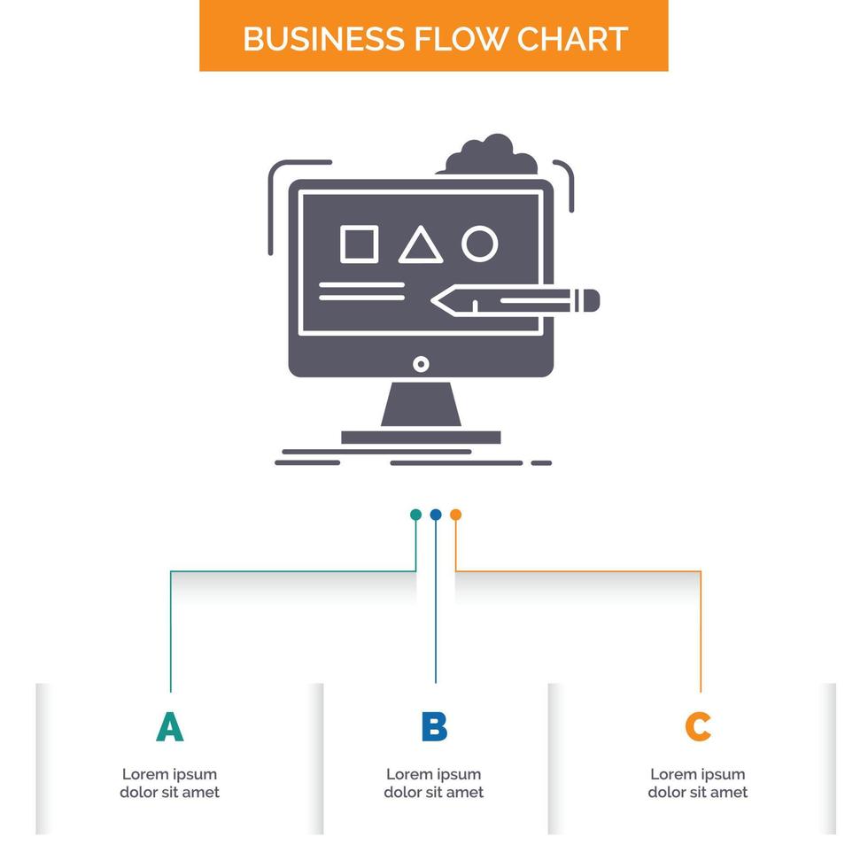 Kunst. Computer. Entwurf. Digital. Studio-Business-Flow-Chart-Design mit 3 Schritten. Glyphensymbol für Präsentationshintergrundvorlage Platz für Text. vektor