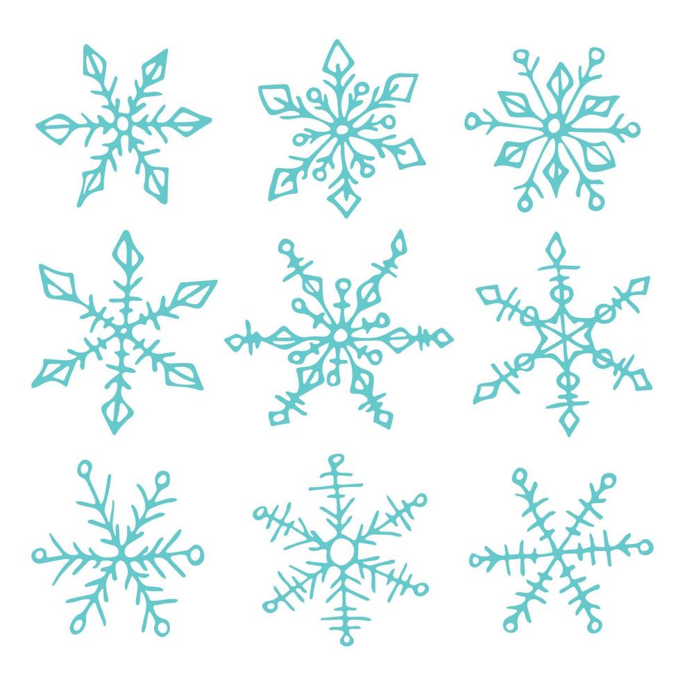 satz nette hand gezeichnete schneeflocken. weihnachts- und neujahrs-doodle-cliparts vektor