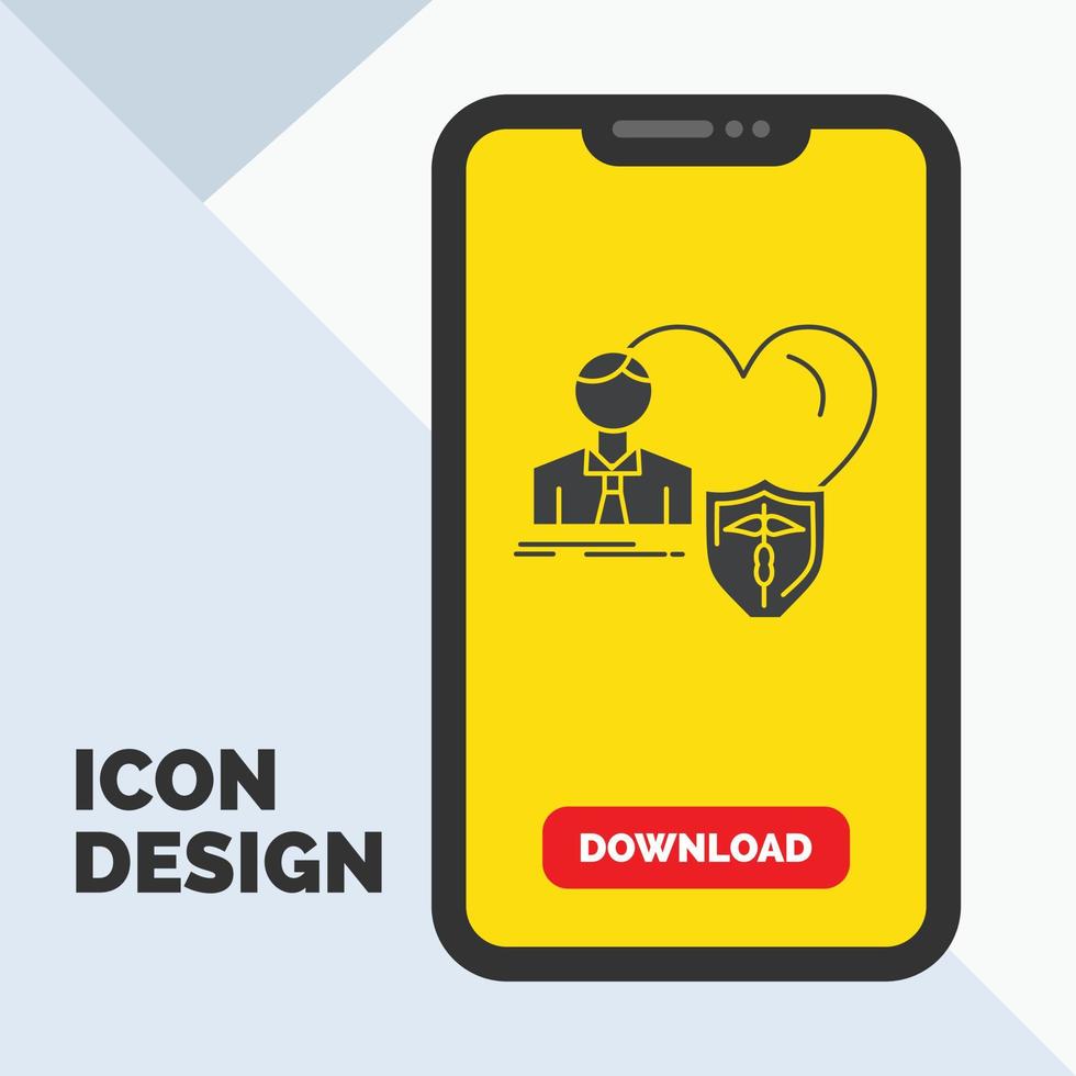 försäkring. familj. Hem. skydda. hjärta glyf ikon i mobil för ladda ner sida. gul bakgrund vektor