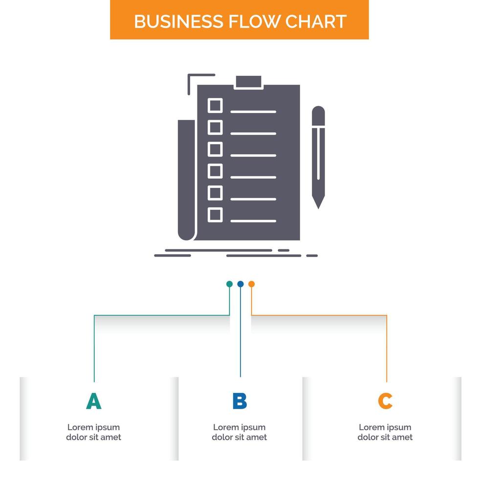 Sachverstand. Checkliste. überprüfen. aufführen. Dokumentieren Sie das Design von Geschäftsflussdiagrammen in 3 Schritten. Glyphensymbol für Präsentationshintergrundvorlage Platz für Text. vektor