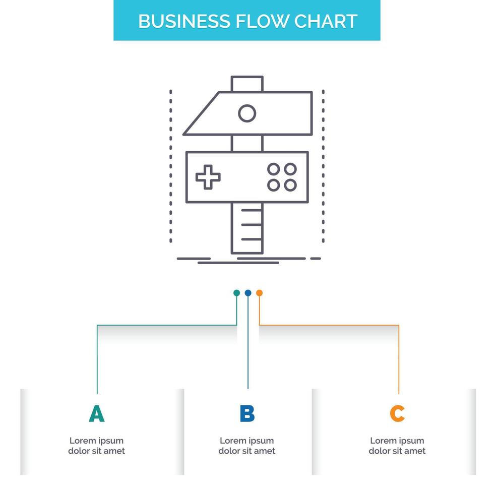 bauen. Boot. sich entwickeln. Entwickler. Spiel Business Flow Chart-Design mit 3 Schritten. Liniensymbol für Präsentation Hintergrundvorlage Platz für Text vektor