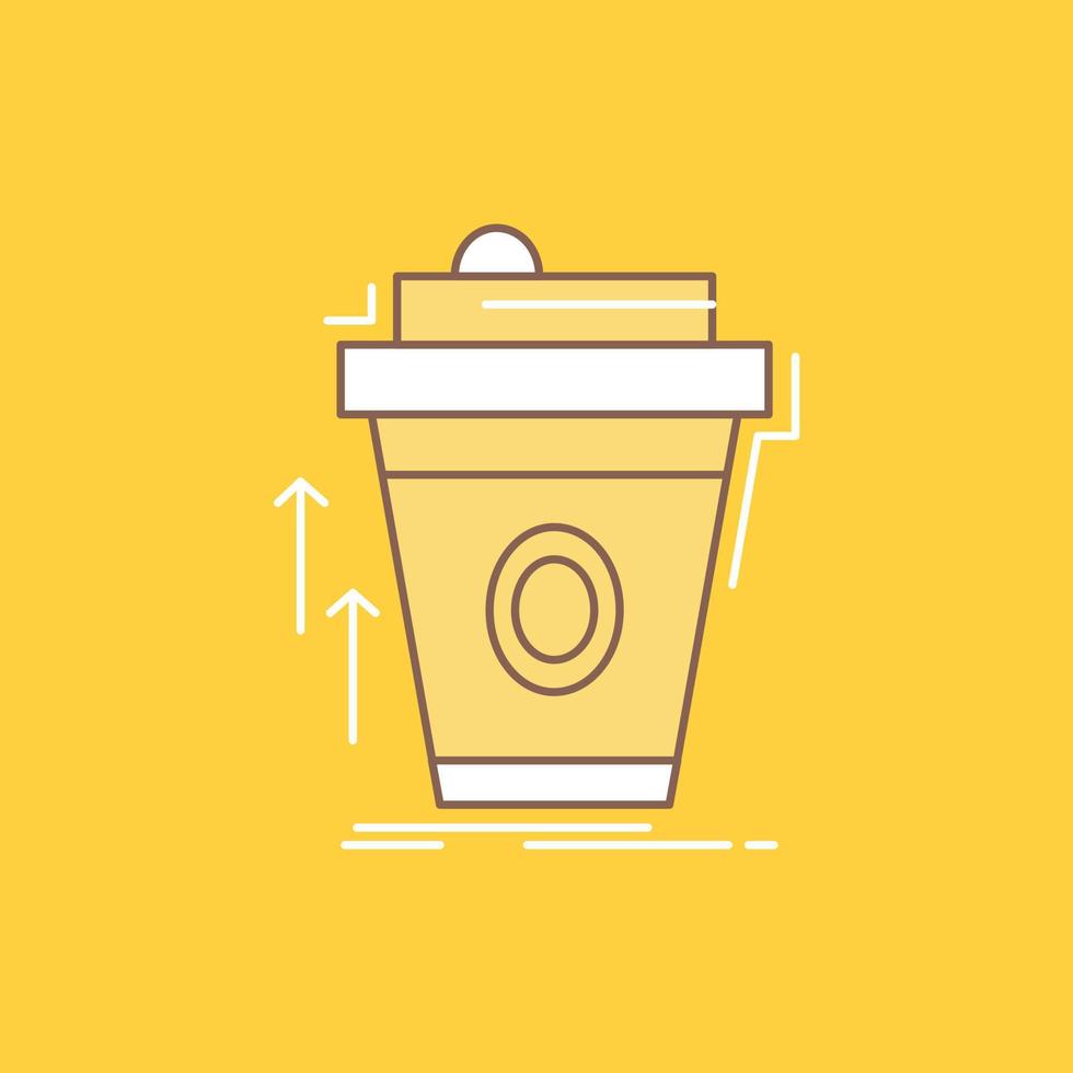 Produkt. Werbeaktion. Kaffee. Tasse. Symbol für Markenmarketing mit flacher Linie. schöne logo-schaltfläche über gelbem hintergrund für ui und ux. Website oder mobile Anwendung vektor