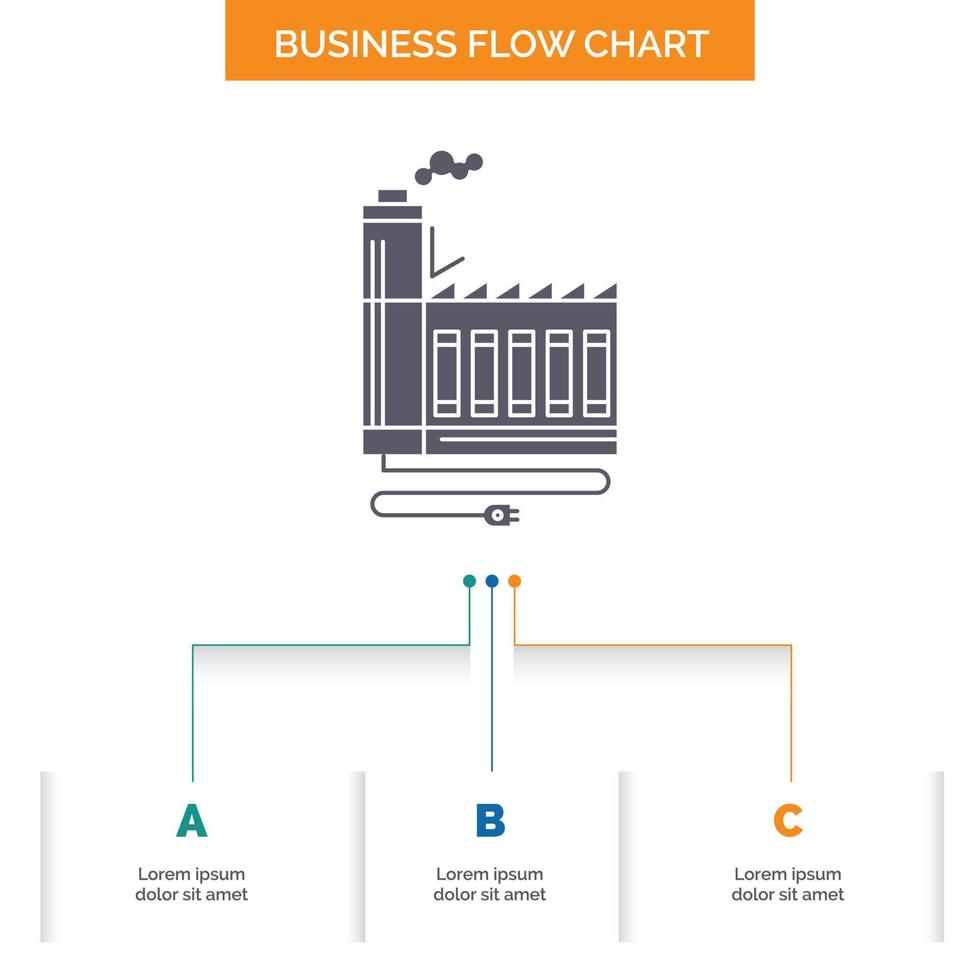 Verbrauch. Ressource. Energie. Fabrik. Herstellung von Geschäftsflussdiagrammen mit 3 Schritten. Glyphensymbol für Präsentationshintergrundvorlage Platz für Text. vektor
