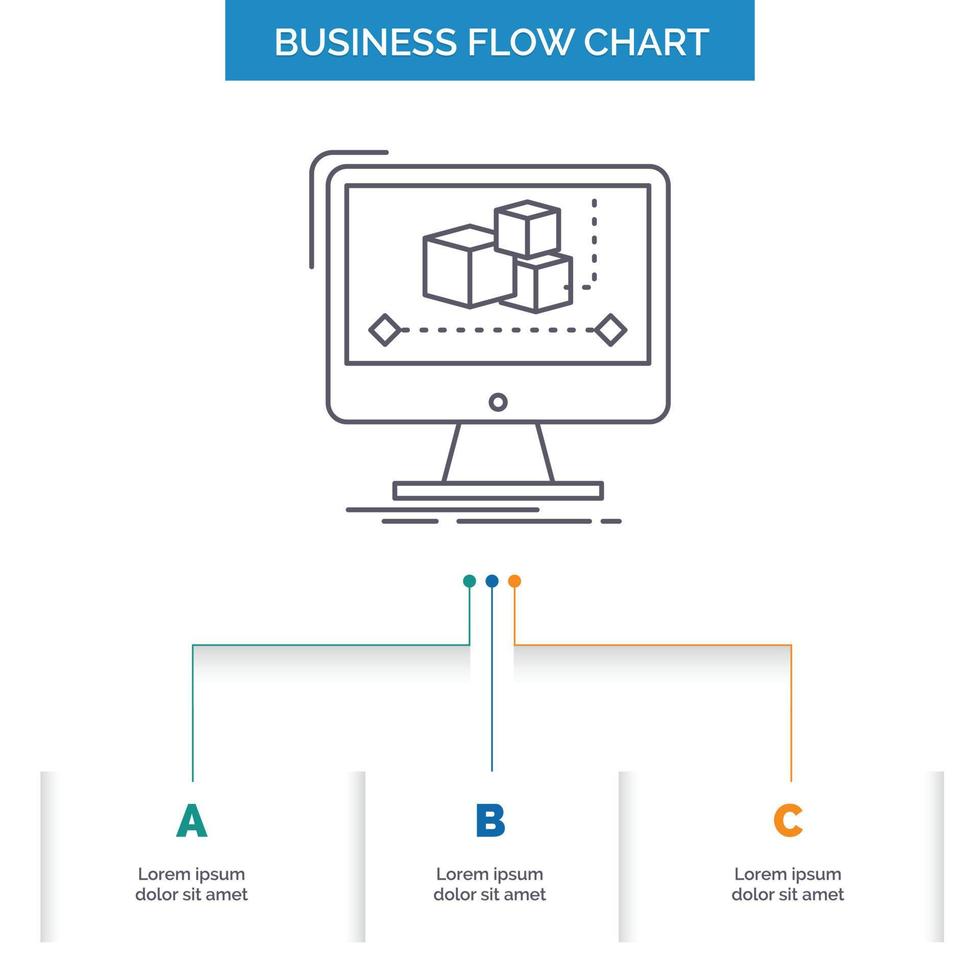 animation. dator. redaktör. övervaka. programvara företag strömma Diagram design med 3 steg. linje ikon för presentation bakgrund mall plats för text vektor