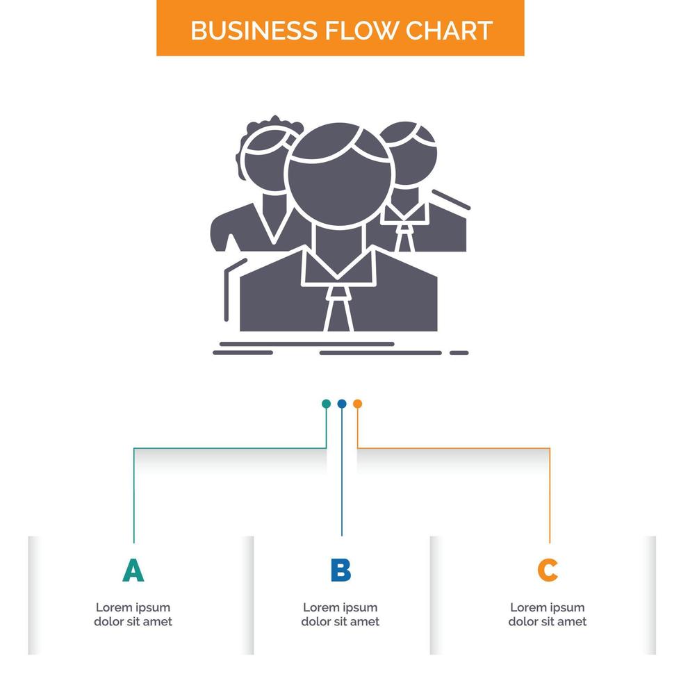 Gruppe. Mehrspieler. Personen. Mannschaft. Online-Business-Flow-Chart-Design mit 3 Schritten. Glyphensymbol für Präsentationshintergrundvorlage Platz für Text. vektor