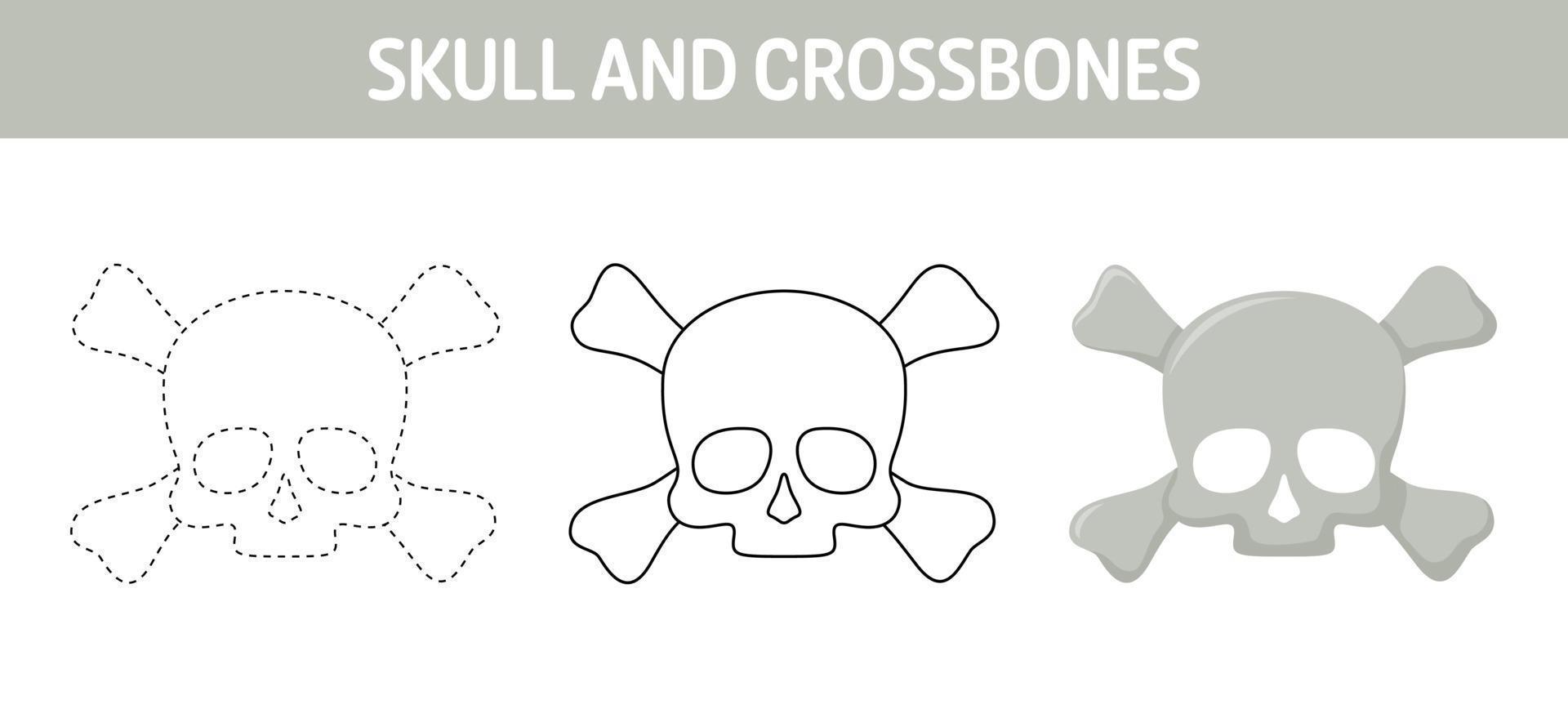 arbeitsblatt zum nachzeichnen und ausmalen von totenkopf und gekreuzten knochen für kinder vektor