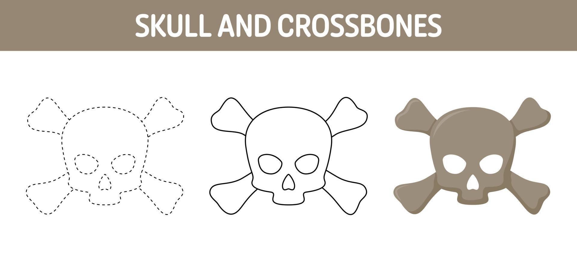 arbeitsblatt zum nachzeichnen und ausmalen von totenkopf und gekreuzten knochen für kinder vektor